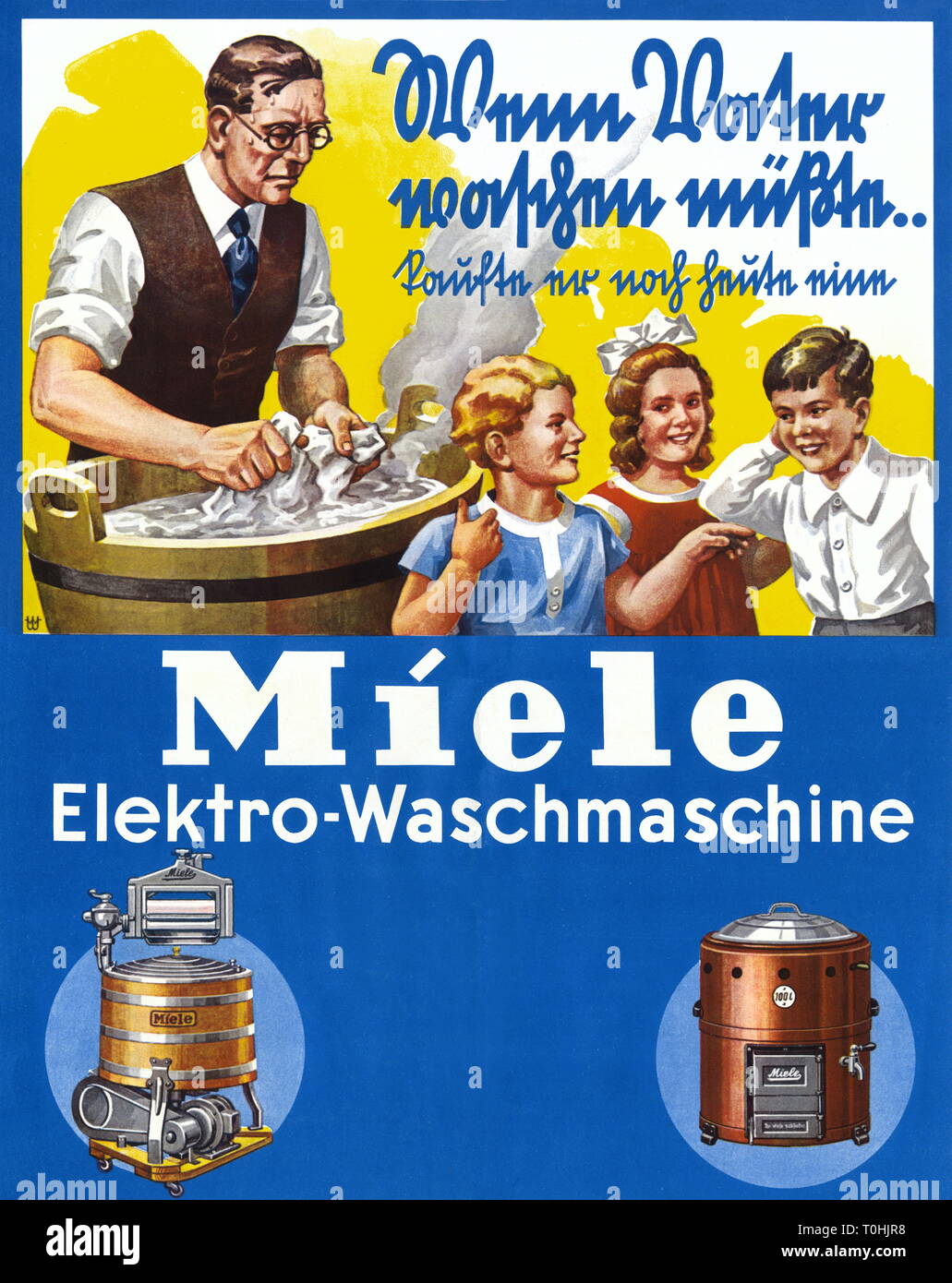 advertising, household, Miele, electric washing machine, slogan: 'Wenn Vater waschen muesste kaufte er noch heute eine Miele Elektro Waschmaschine', founded 1899, advertising poster, Guetersloh in Westphalia, Germany, circa 1932, Additional-Rights-Clearance-Info-Not-Available Stock Photo