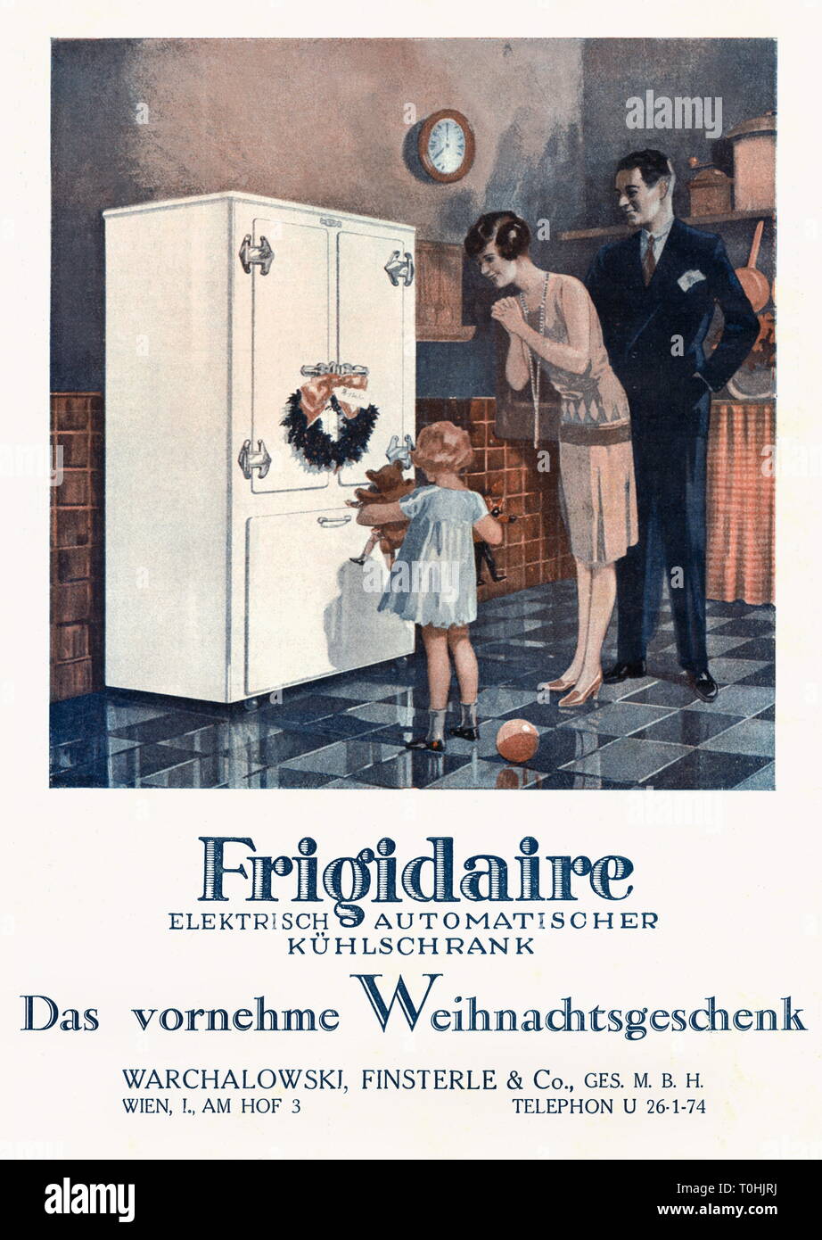 advertising, household, refrigerator of the brand Frigidaire, woman is happy about the refrigerator as Christmas present, magazine advertising of the company Warchalowski, Finsterle and Co. GmbH, Vienna, Austria, 1928, Additional-Rights-Clearance-Info-Not-Available Stock Photo