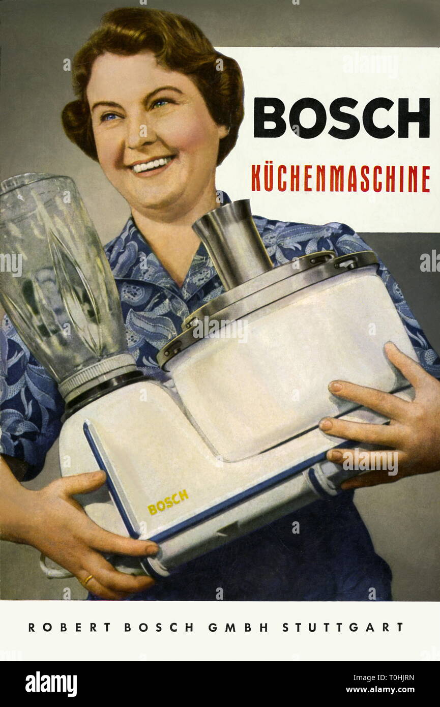 household, kitchen, housewife with Bosch food processor, original price 1954: DM 295, made by: Robert Bosch GmbH Stuttgart, Germany, circa 1955, woman, old, older, proud, joy, happiness, happy, smiling, smile, kitchen appliance, kitchen utensil, kitchen appliances, kitchen utensils, kitchen device, food processor with accessory unit, mixing bowl, mixer, mixers, household, households, household appliance, domestic appliance, household utensil, household appliances, domestic appliances, household utensils, electric, electric appliance, electrical d, Additional-Rights-Clearance-Info-Not-Available Stock Photo