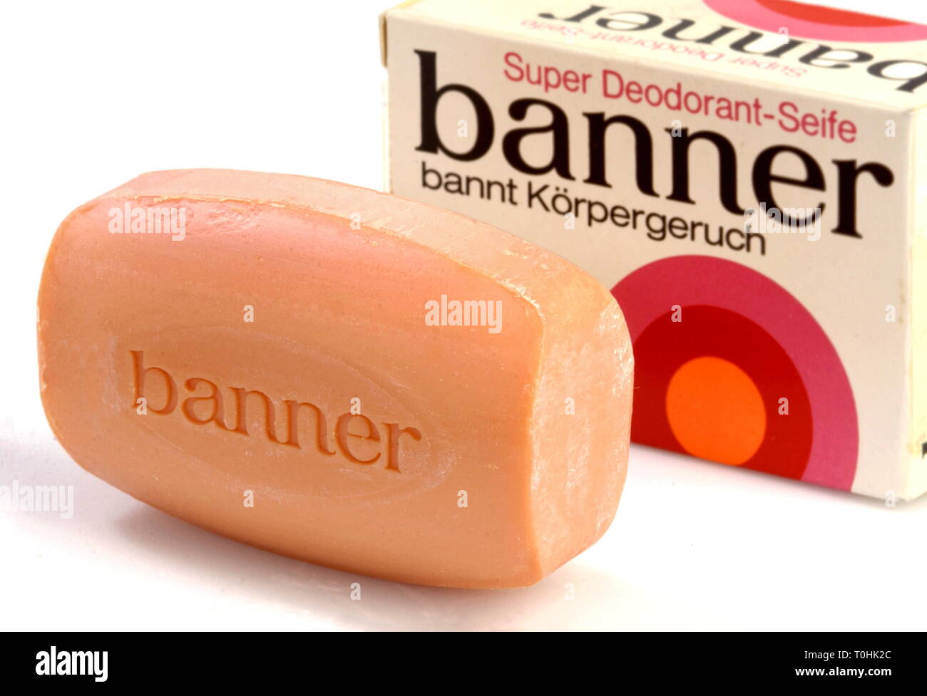 cosmetics, soap, banner, deo, soap, advertising slogan, 'Banner bannt Koerpergeruch' (Banner bans body odor), Germany, 1970s, Additional-Rights-Clearance-Info-Not-Available Stock Photo