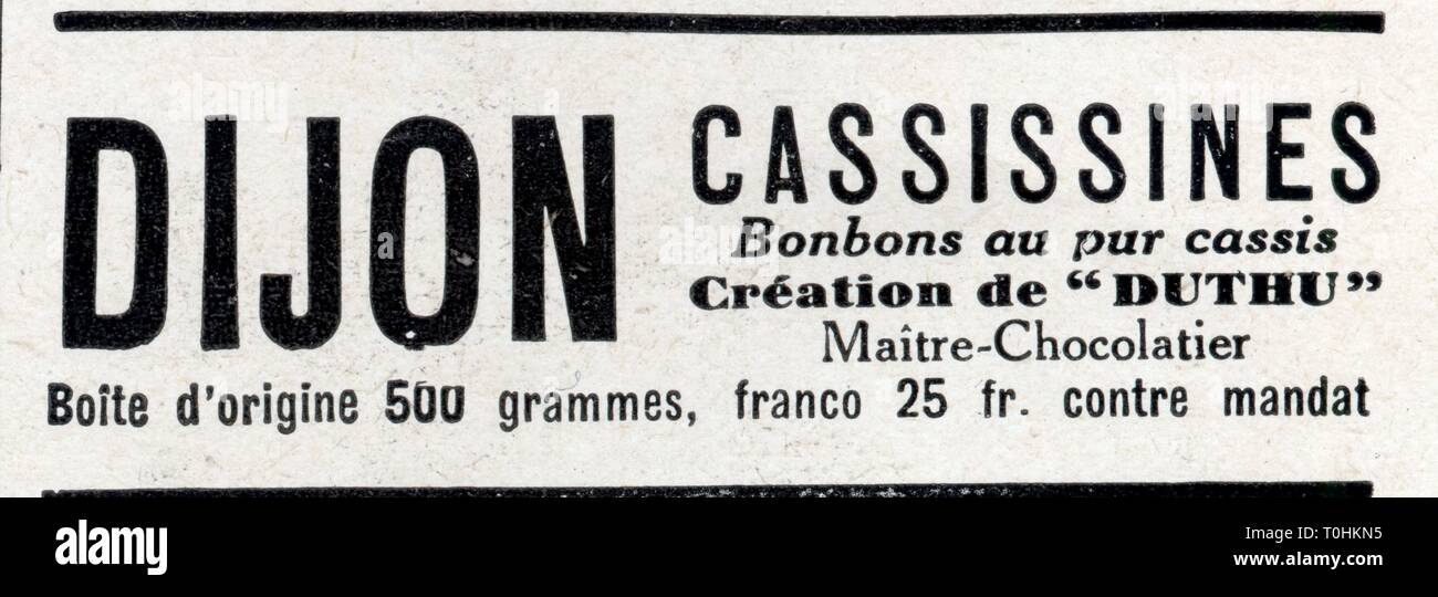 publicité ancienne.dijon.cassissines.bonbons au pur cassis.1 mars 1930 Stock Photo