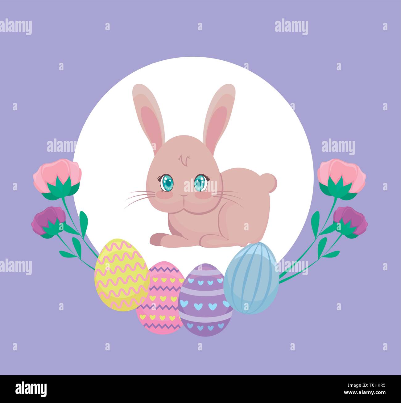 cute rabbit with eggs of easter and flowers vector illustration design ...