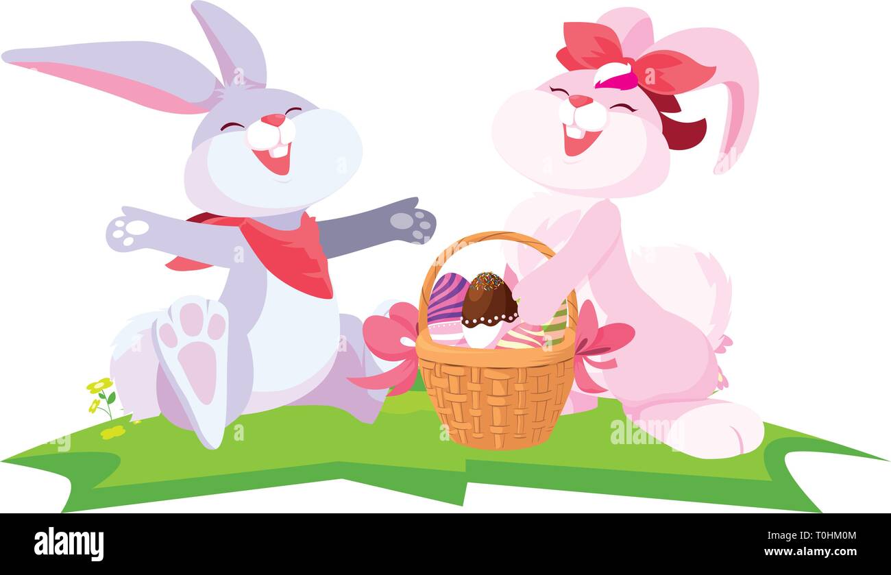 cute rabbits couple with eggs painted in basket vector illustration ...