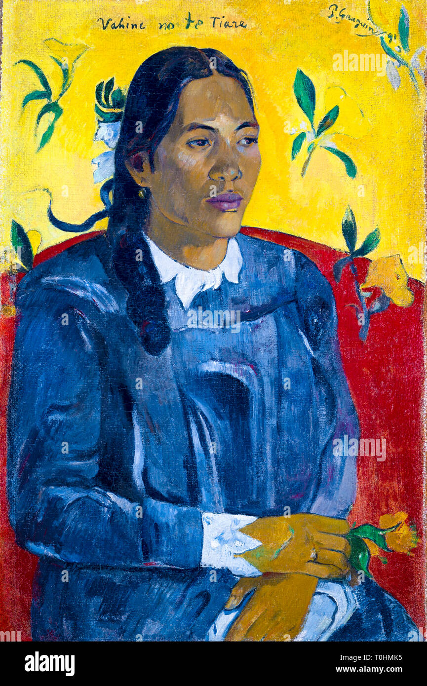 Paul Gauguin, Tahitian Woman with a Flower, portrait painting, 1891 Stock Photo