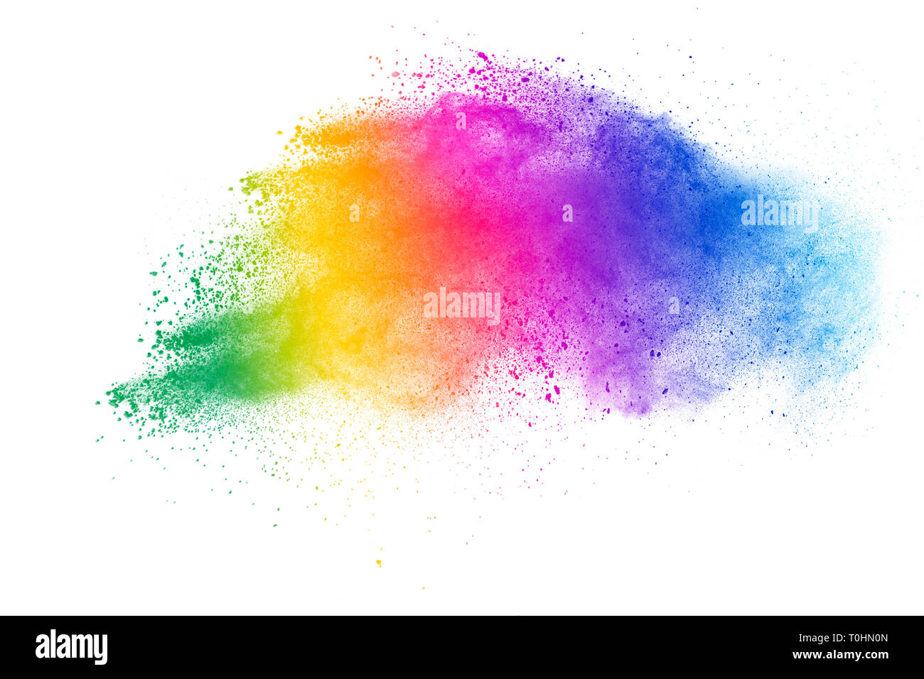 Colorful powder explosion on white background. Abstract pastel color dust particles splash. Stock Photo