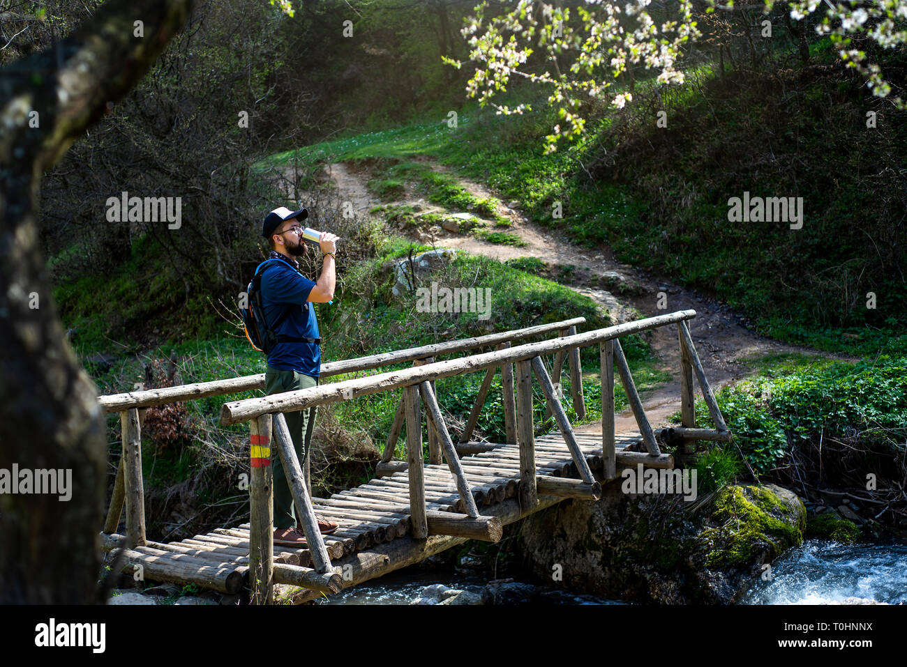 Man drinking water the wooden bridge over small river outdoors Stock Photo