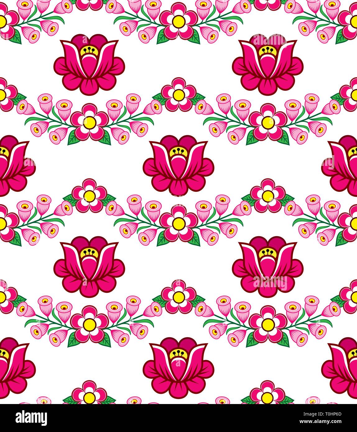 Folk art seamless floral vector pattern, Polish cute traditional ornaments, folk designs with flowers from Zalipie, Poland - textile, wallpaper design Stock Vector