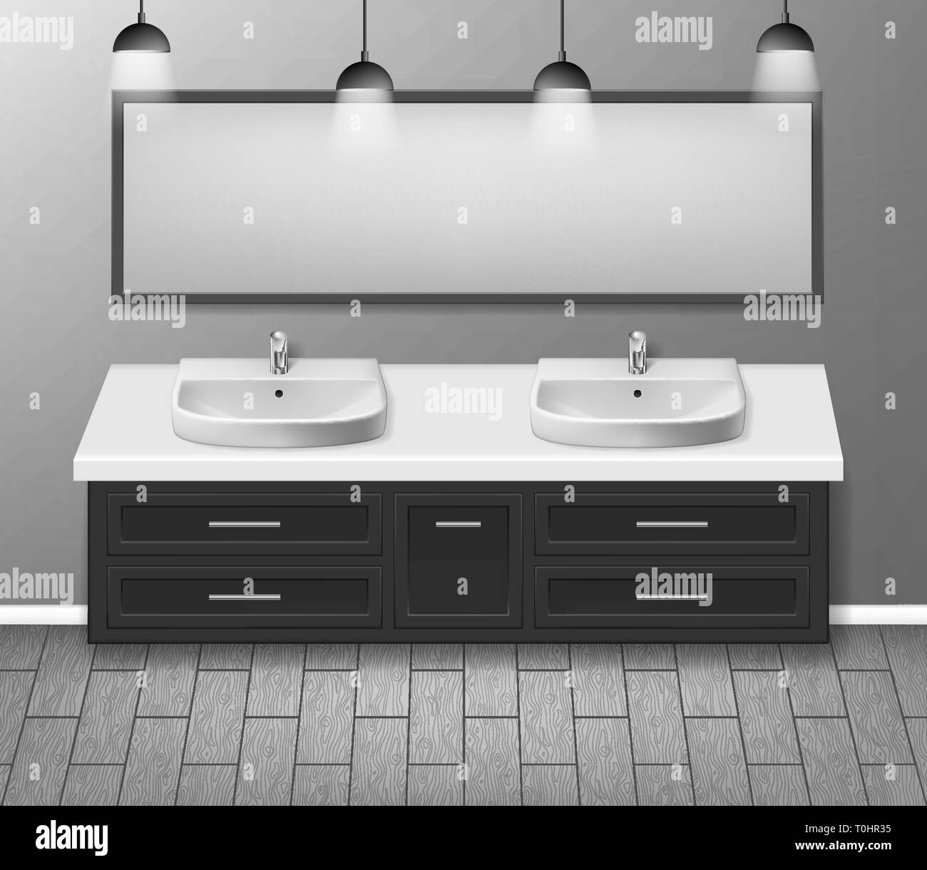 Modern realistic bathroom interior design. Bathroom furniture with bathroom sink and mirror grey wall with wooden floor. vector illustration Stock Vector