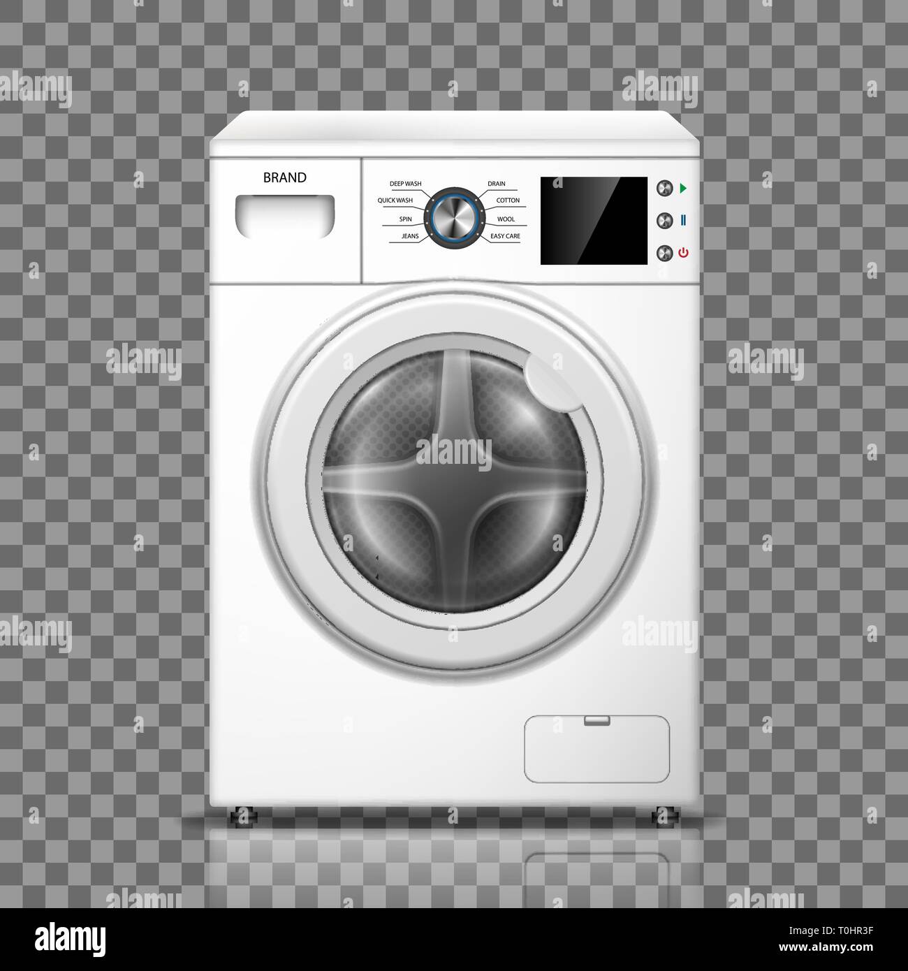 Realistic washing machine isolated on transparent background. White washer front view. Modern washing machine mockup or home appliances. vector Stock Vector