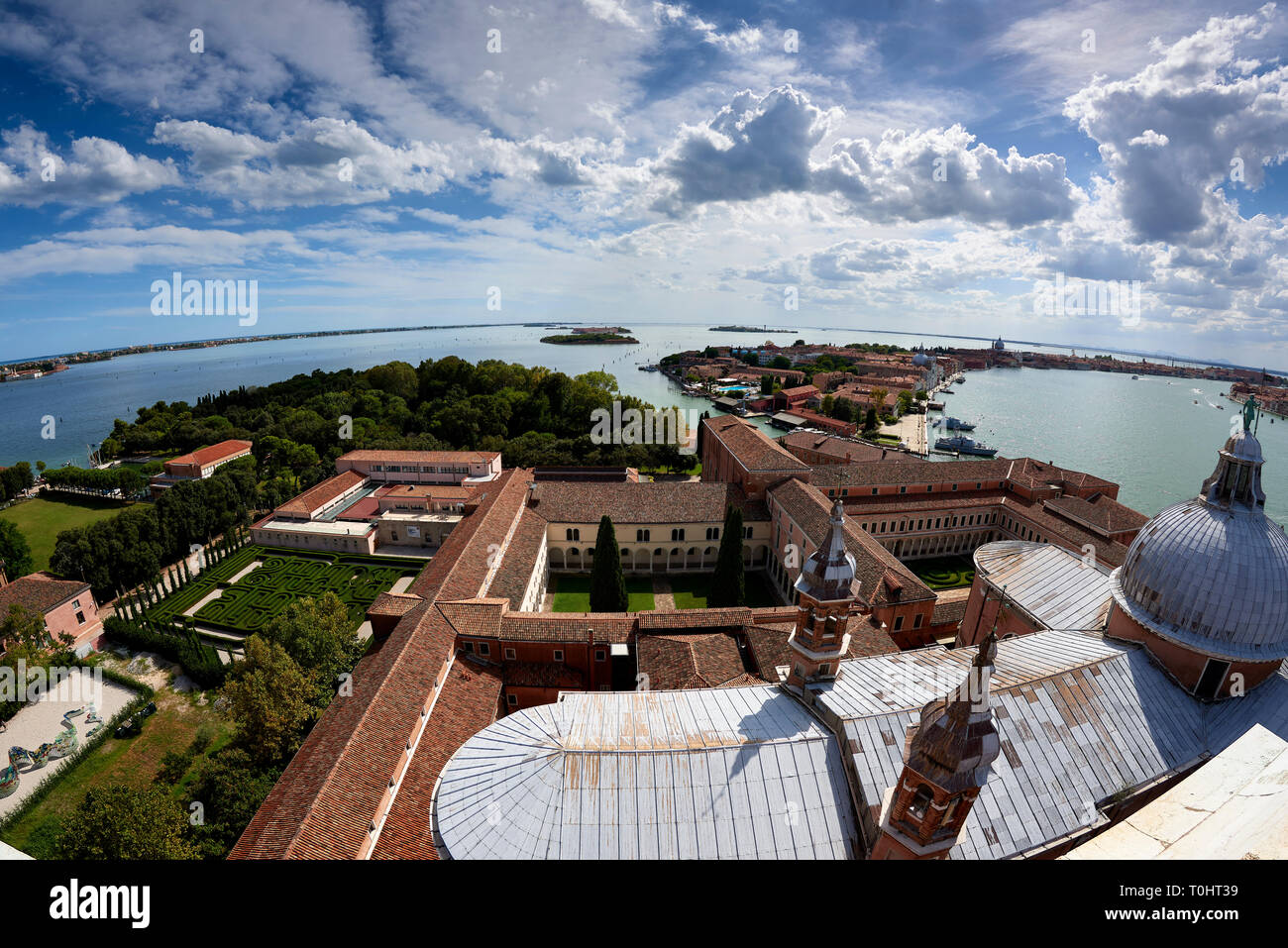 Elevated view of the island of San Giorgio Maggiore, Venice overlooking  Church of San Giorgio Maggiore and 007's hotel from the film Casino Royale Stock Photo