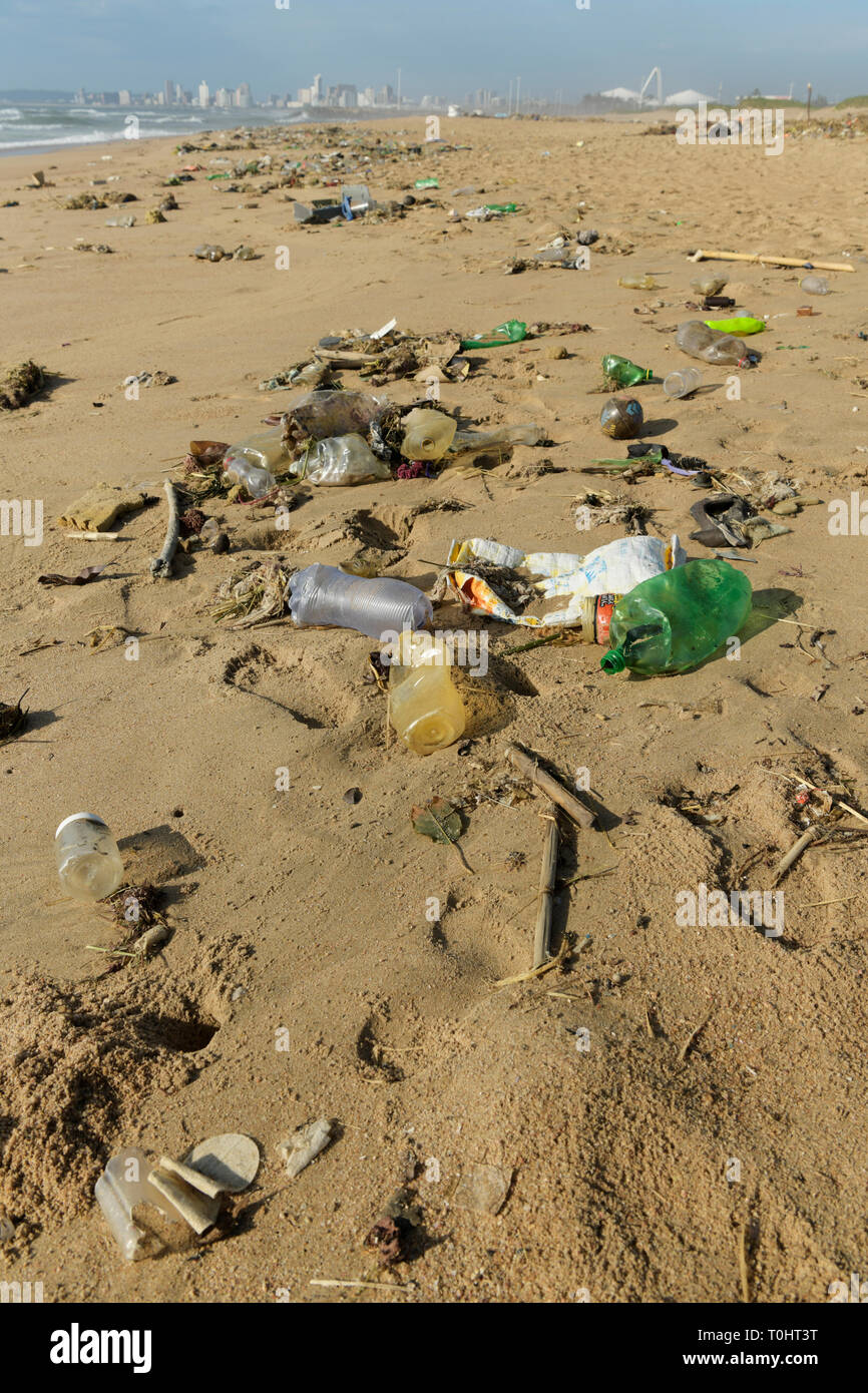 Durban, KwaZuluNatal, South Africa, plastic pollution, bottles and