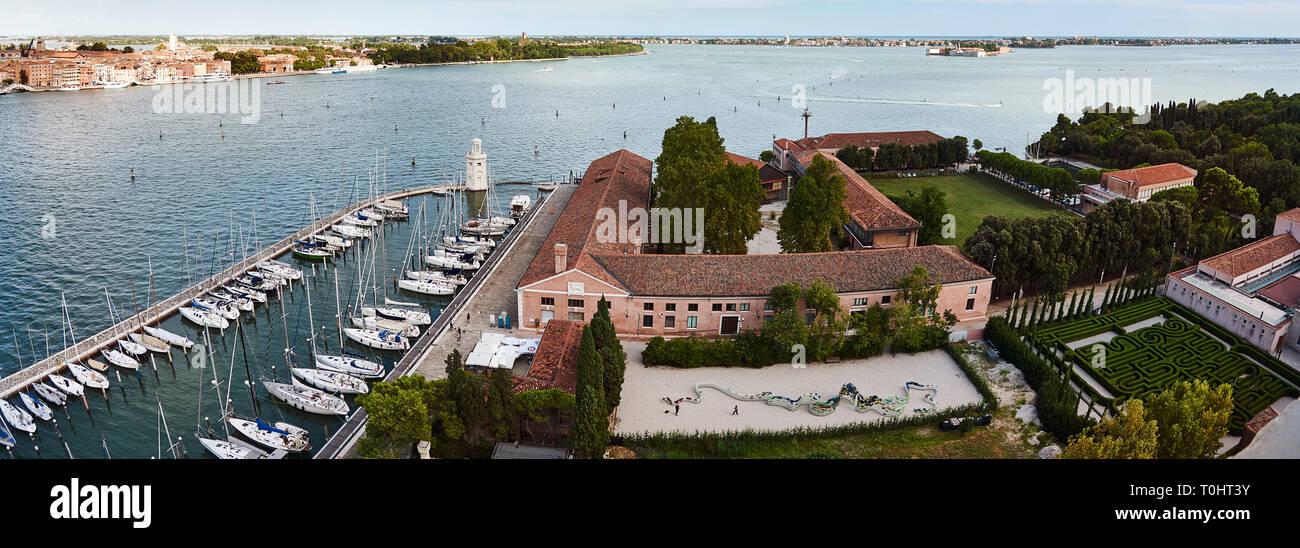 View from the 16th Century Tower beside the Church of San Giorgio Maggiore including 007's yacht Spirit from the film Casino Royale (2nd from tower). Stock Photo