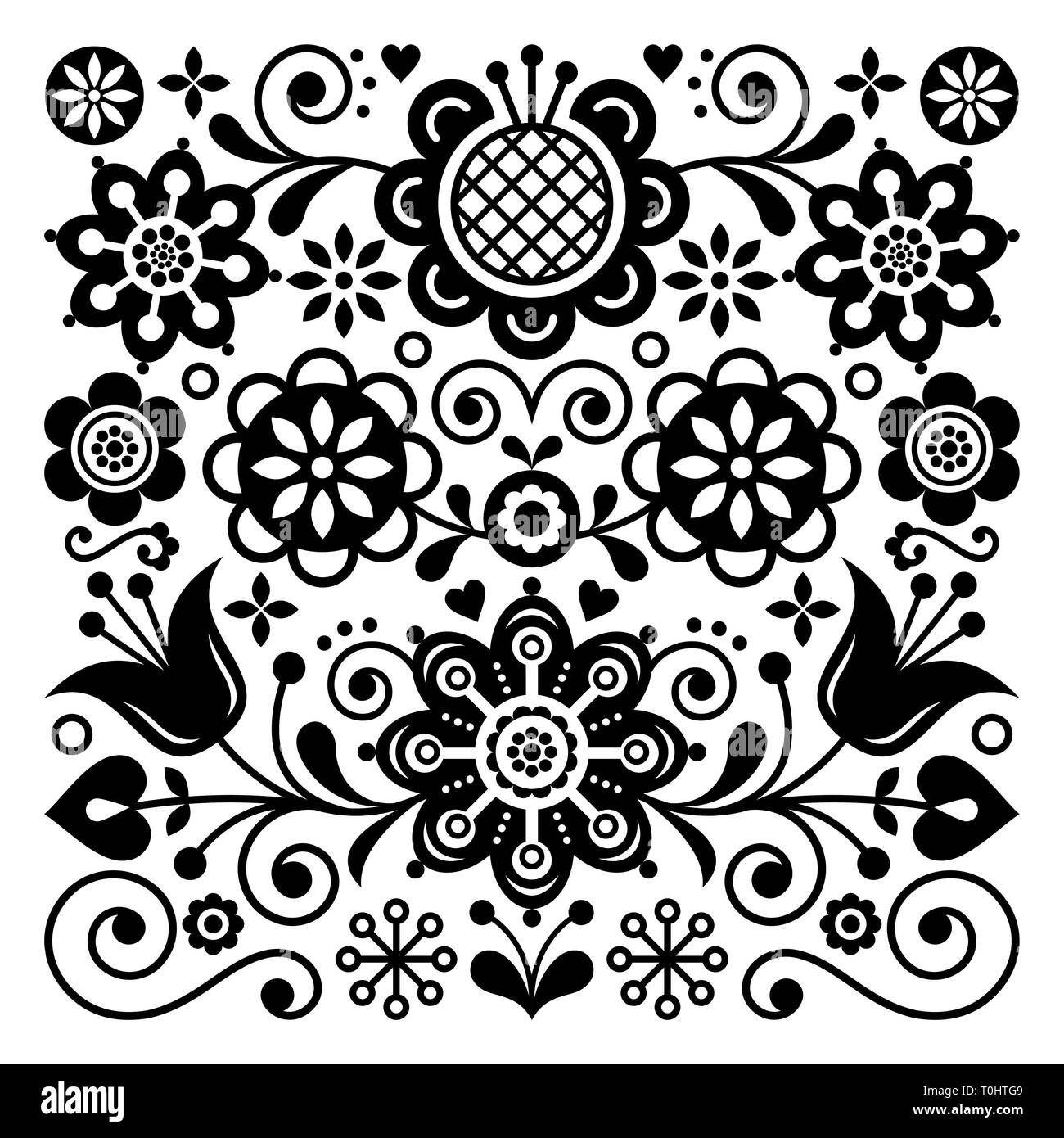 Folk art retro vector pattern, Scandinavian floral ornament design ...