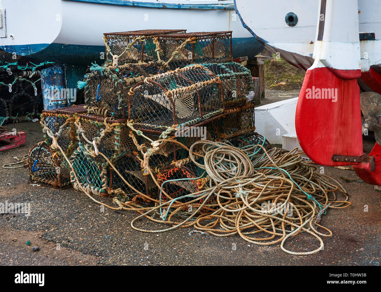 Lobster / crab creel on the fishing harbor at Portknockie, Scotland, UK Stock Photo