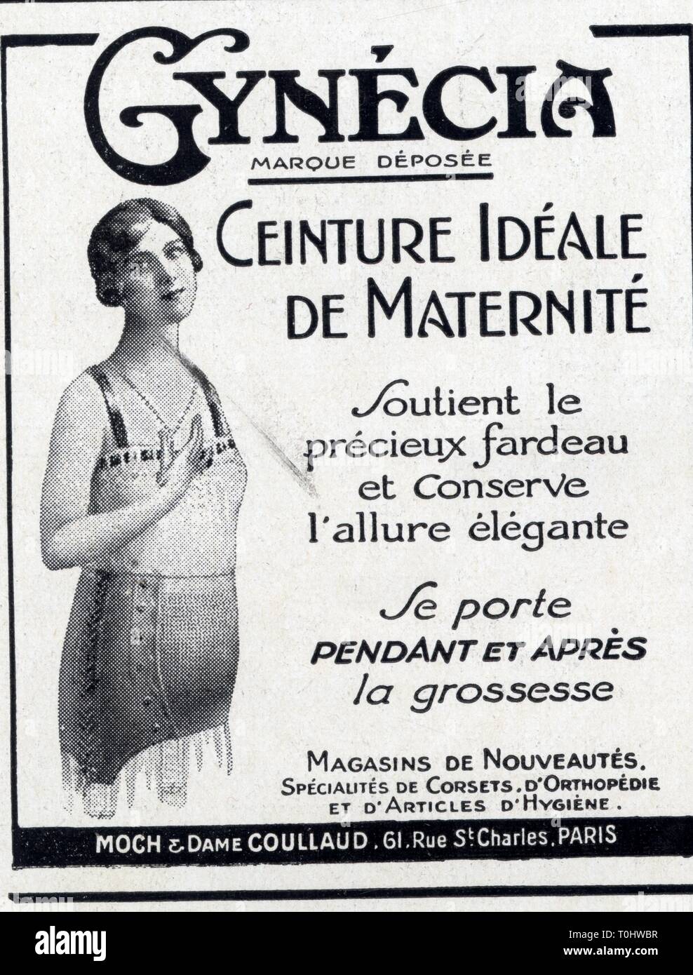 Publicité ancienne. 1 mars 1930. Gynécia. Ceinture idéale de maternité Stock Photo