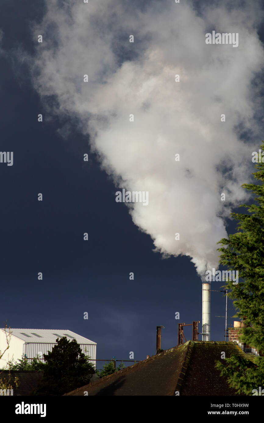 White smoke billowing from a factory chimney near house roof and green foliage against an ominous looking black sky. Stock Photo