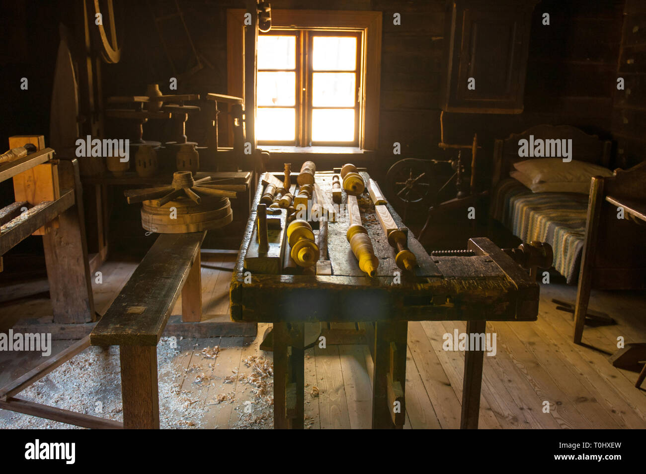 The interior of an old carpentry workshop. Wooden room. Stock Photo