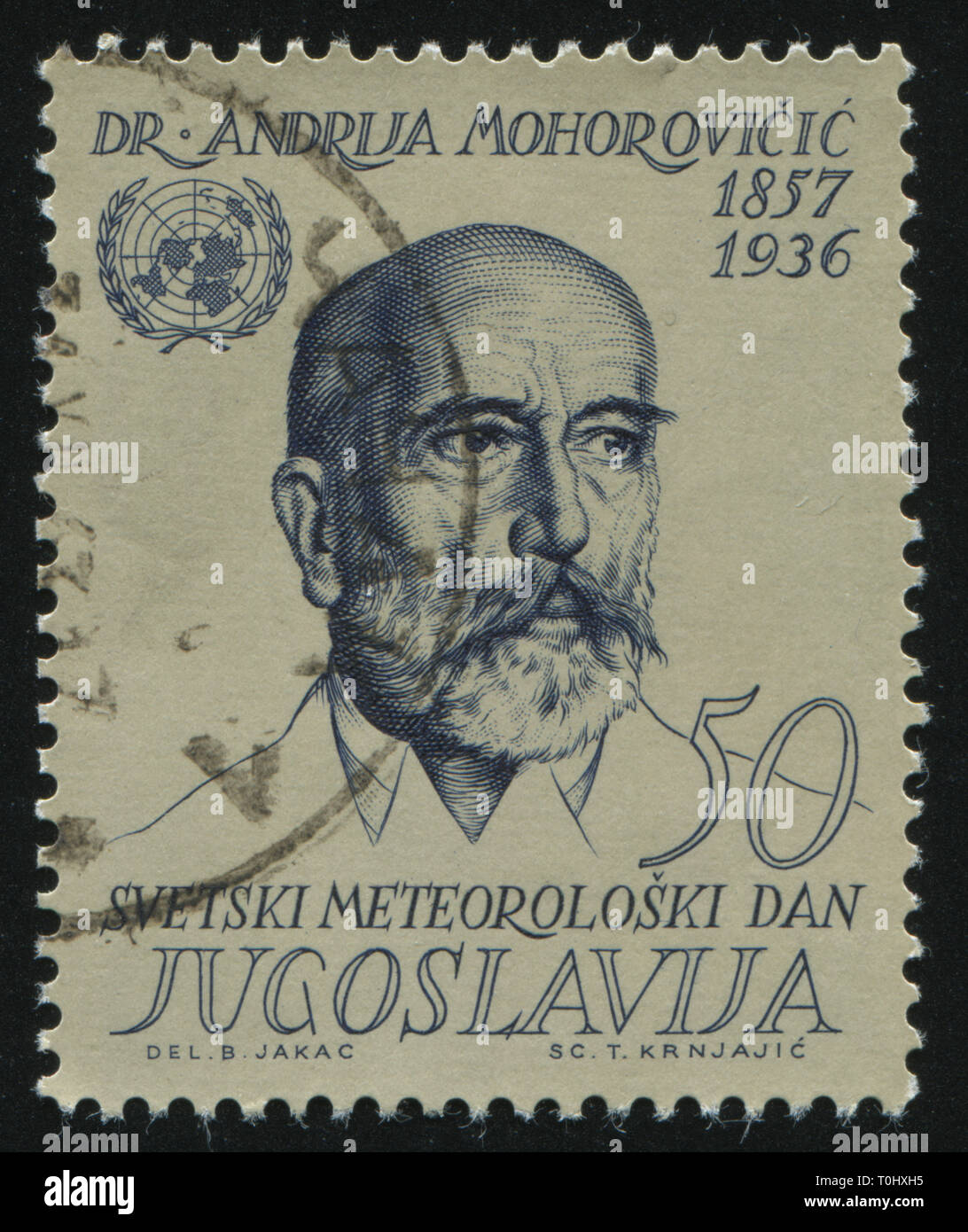 RUSSIA KALININGRAD,12 NOVEMBER 2016: stamp printed by Yugoslavia, shows the portrait of Dr Andrija Mohorovicic, circa 1963 Stock Photo