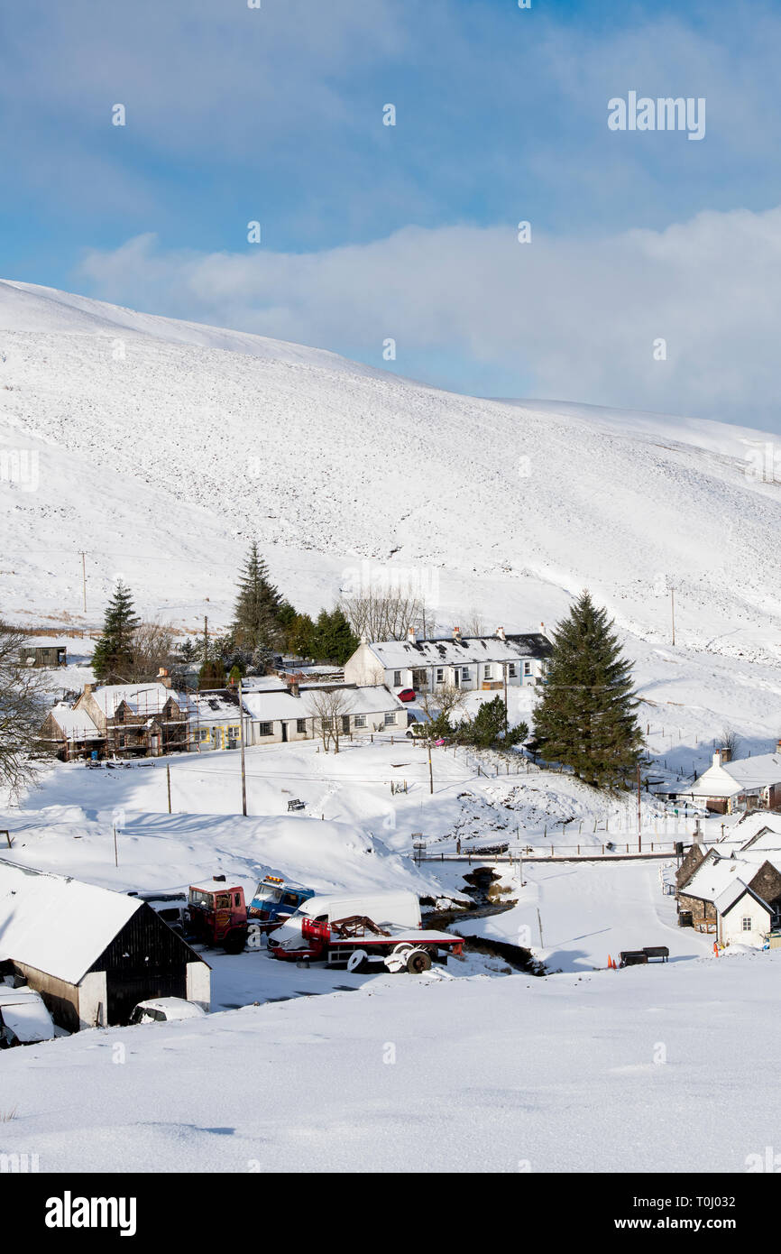 Wanlockhead village in the morning snow. Scotlands highest village. Dumfries and Galloway, Scottish borders, Scotland Stock Photo