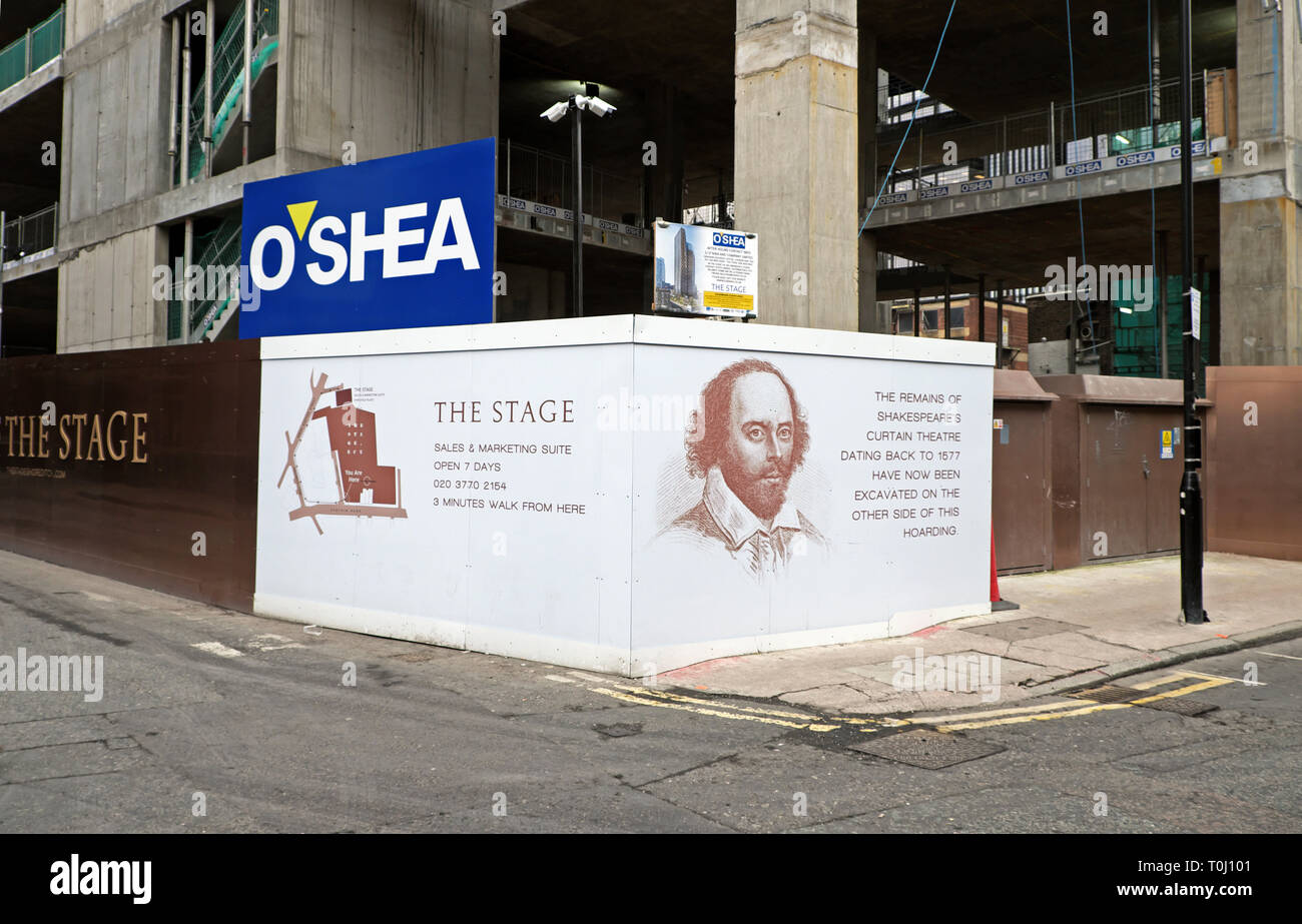 The Stage Shoreditch O'Shea construction hoarding sign on the site of William Shakespeare theatre 'The Curtain' in Shoreditch London UK  KATHY DEWITT Stock Photo