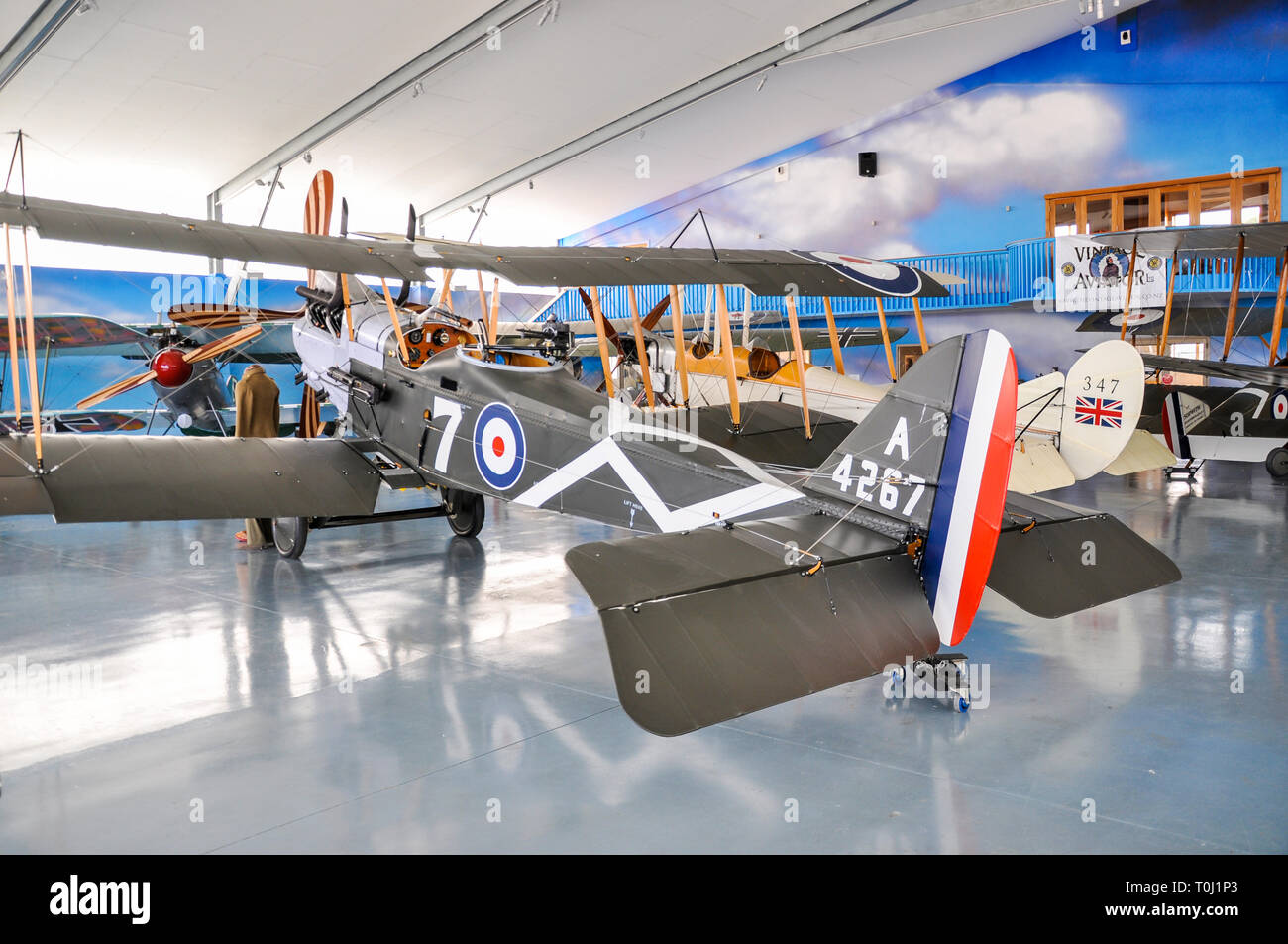 Vintage Aviator Ltd hangar at Hood Aerodrome, Masterton, New Zealand with World War One reproduction aircraft and exhibits. Planes. RFC BE2 Stock Photo