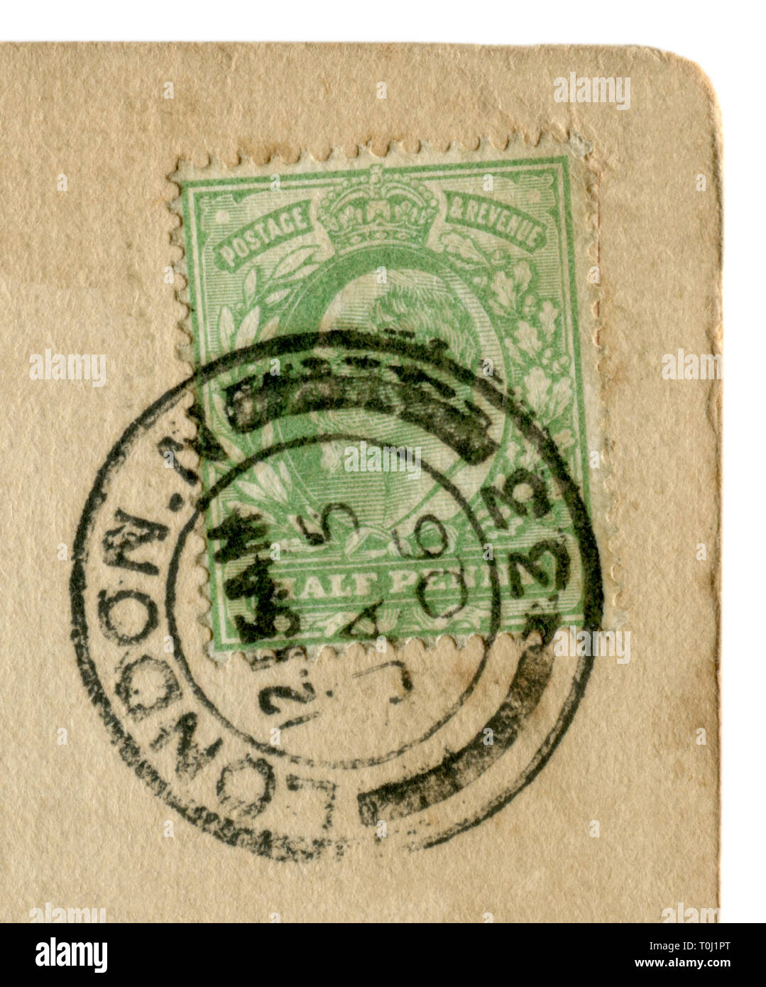 English historical stamp: half penny with a portrait of the king of the United Kingdom of Great Britain and Ireland and Emperor of India, Edward VII Stock Photo