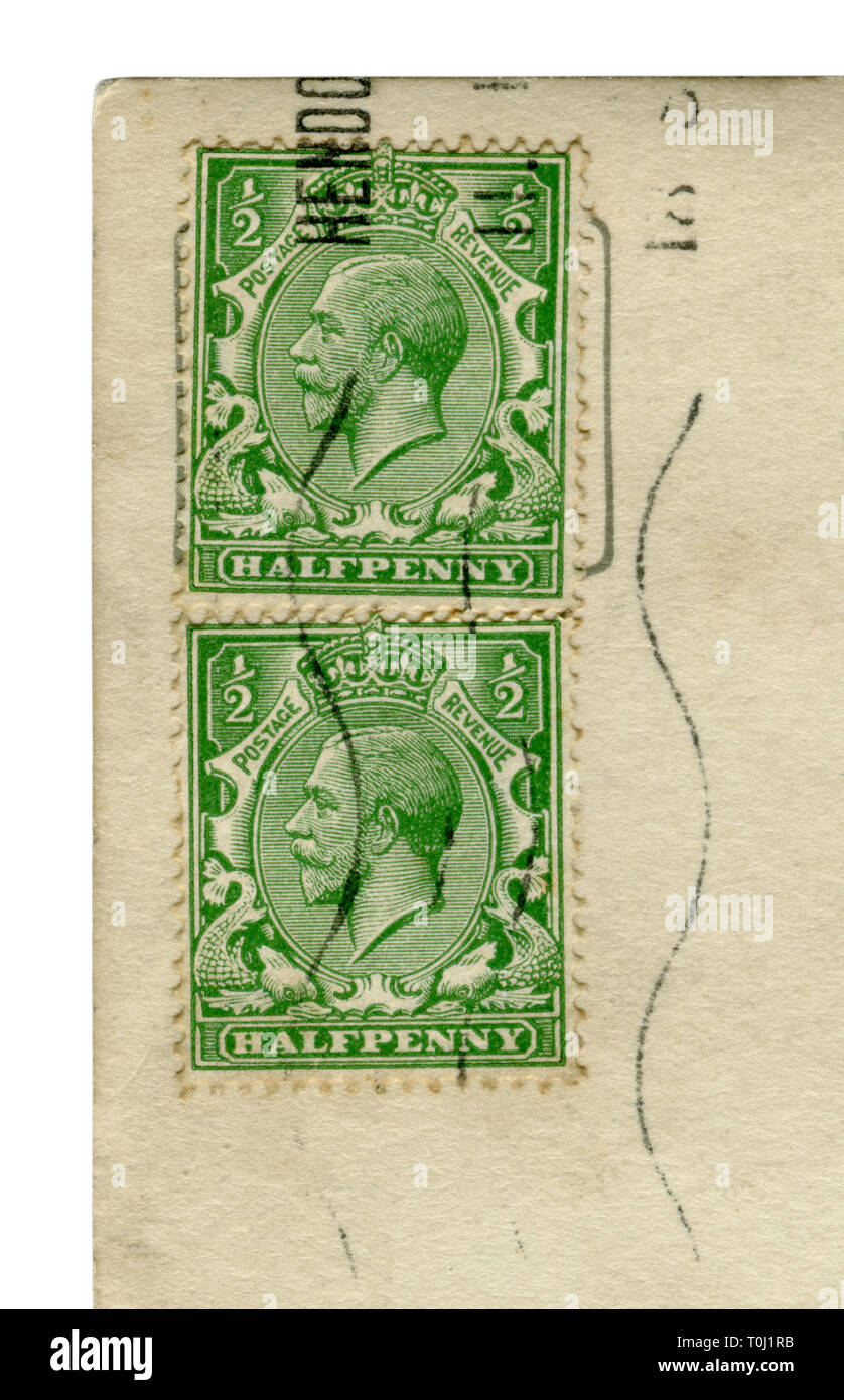 English historical stamp: half penny stamp with a portrait of the King of the United Kingdom and the British Dominions, and Emperor of India, George V Stock Photo