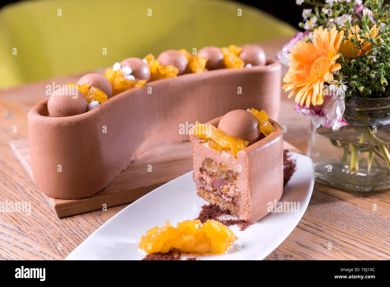 Homemade milk chocolate and chestnuts cake milk chocolate mousse