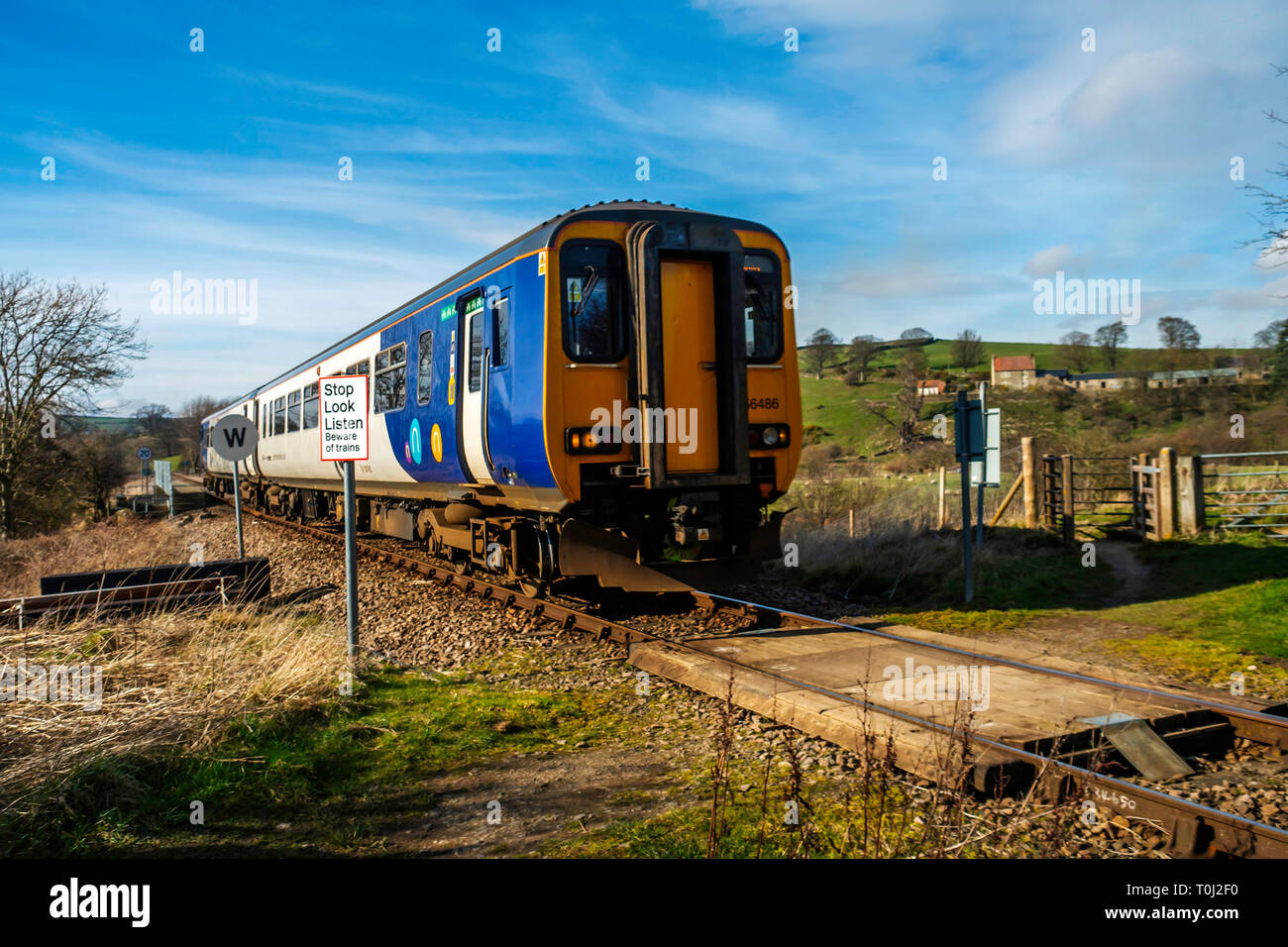 A two - car DMU Northern Rail train from Middlesbrough to Whitby passing Danby in the North Yorkshire Moors Stock Photo
