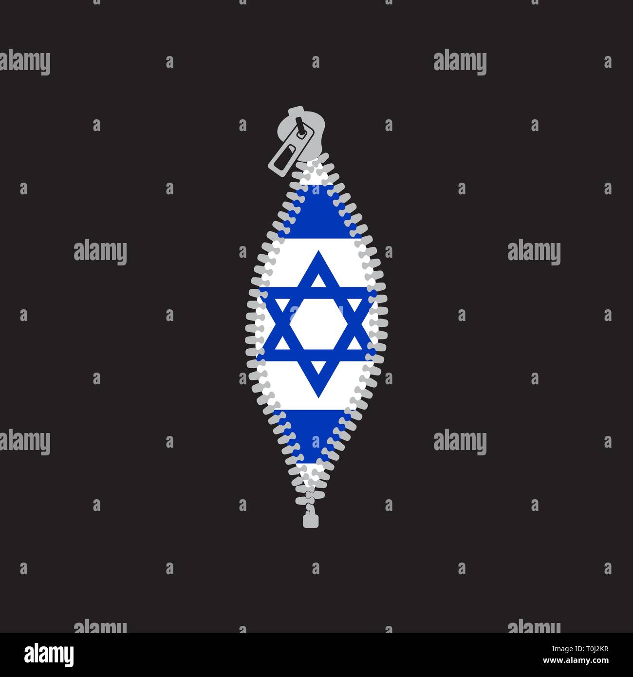 Opened zipper revealing   flag  of Israel Stock Vector