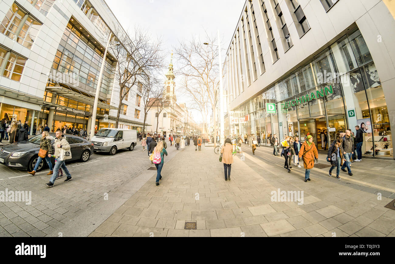 VIENNA, AUSTRIA - March 20, 2019: People Shopping On Mariahilferstrasse The Largest And One Of The Most Popular Shopping Streets Of Vienna. Stock Photo