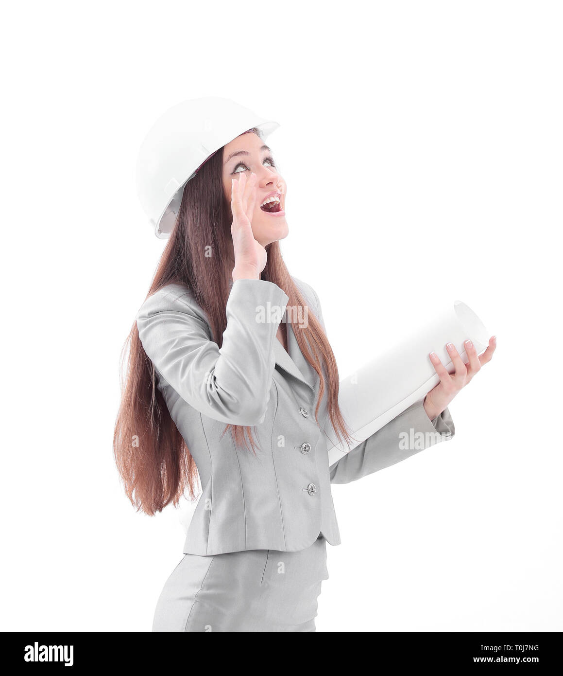 young woman architect with drawings.isolated on white Stock Photo
