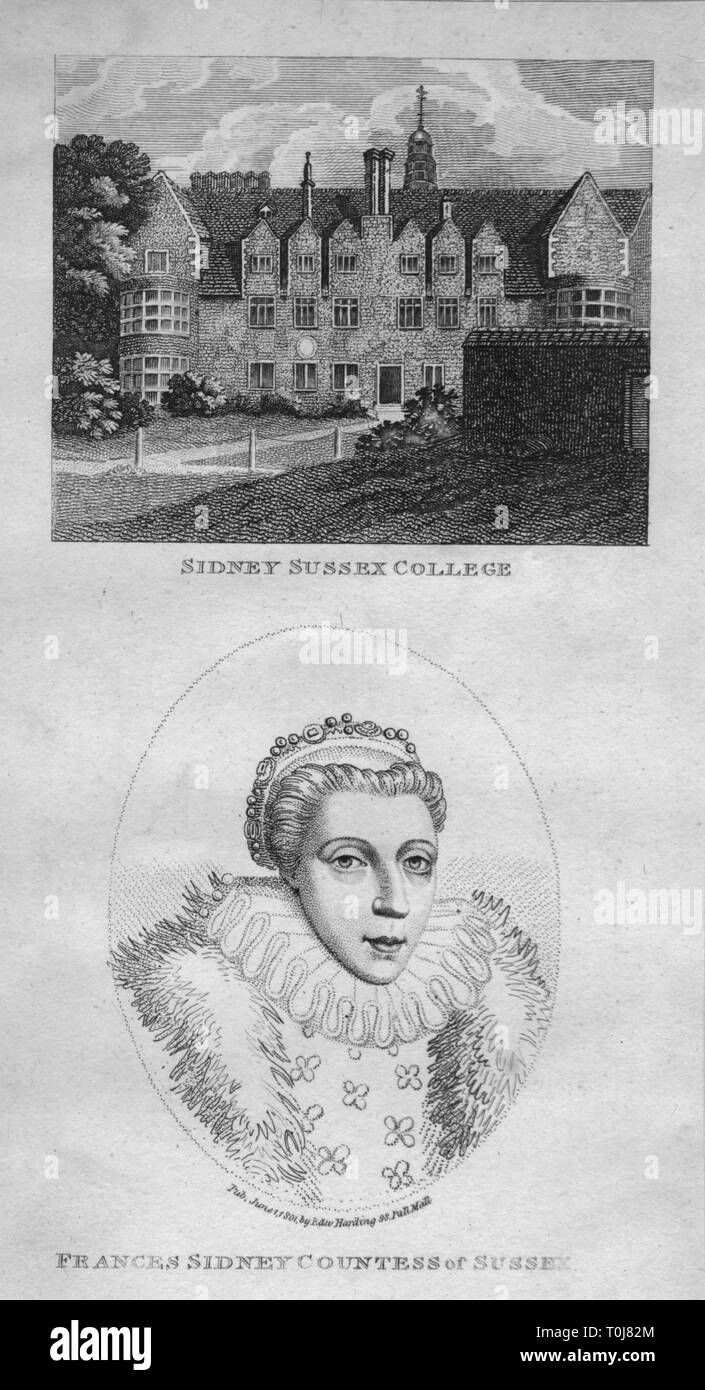 'Sidney Sussex College; Frances Sidney Countess of Sussex', 1801. Creator: Edward Harding. Stock Photo
