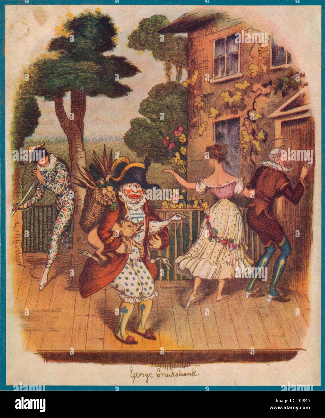 Mr Punch (or Pulcinella) and other commedia dell'arte characters, 19th century. Creator: Unknown. Stock Photo