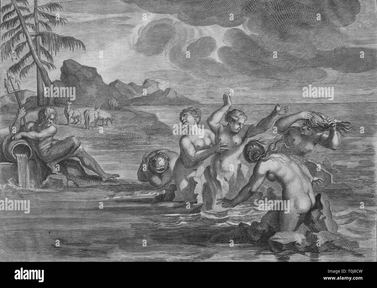 'The Cerastae changed into Bulls, & the Propoetides into Rocks', c1683.  Creator: Martin Bouche. Stock Photo