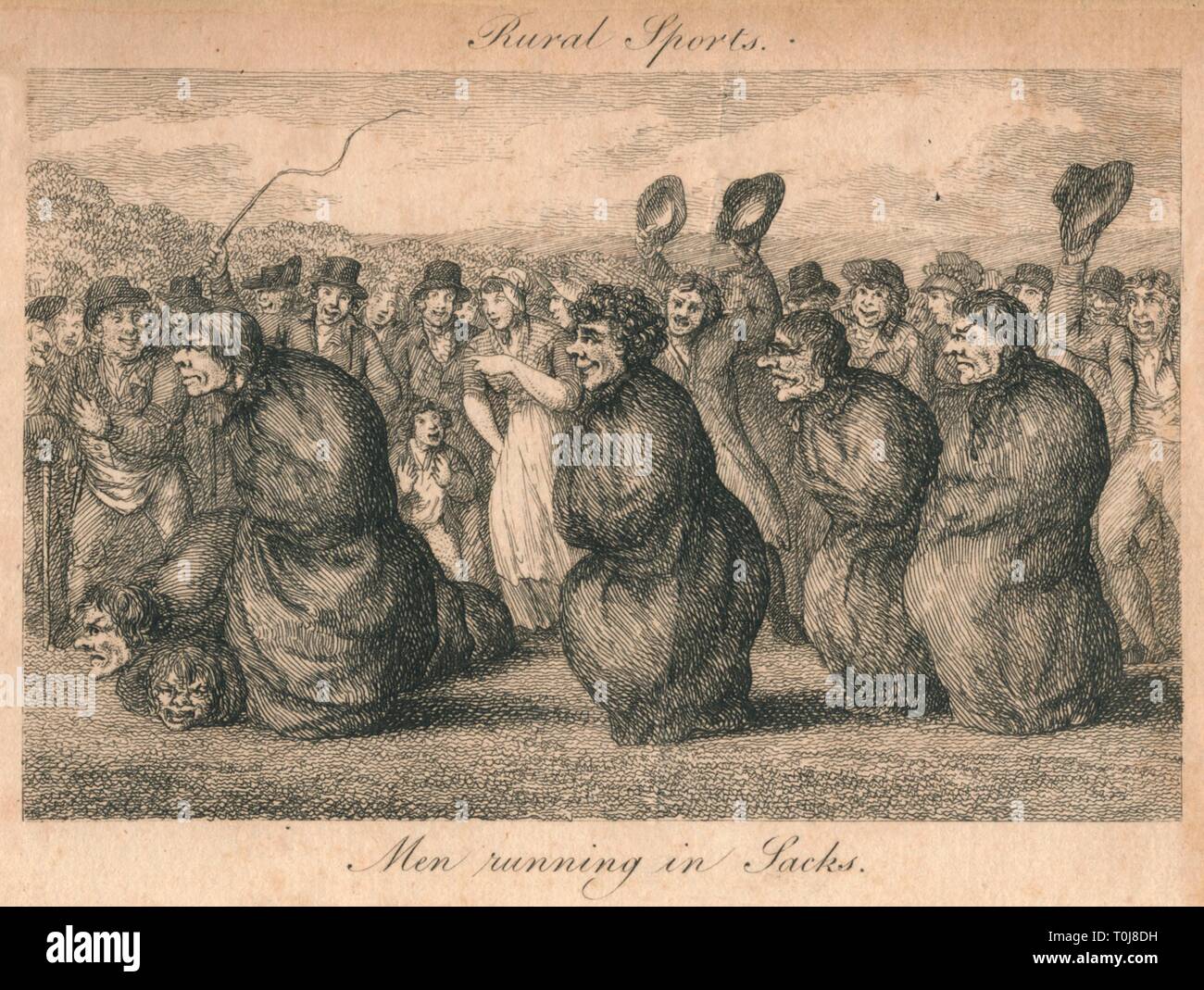 'Rural Sports - Men running in Sacks', late 18th-early 19th century. Creator: Unknown. Stock Photo