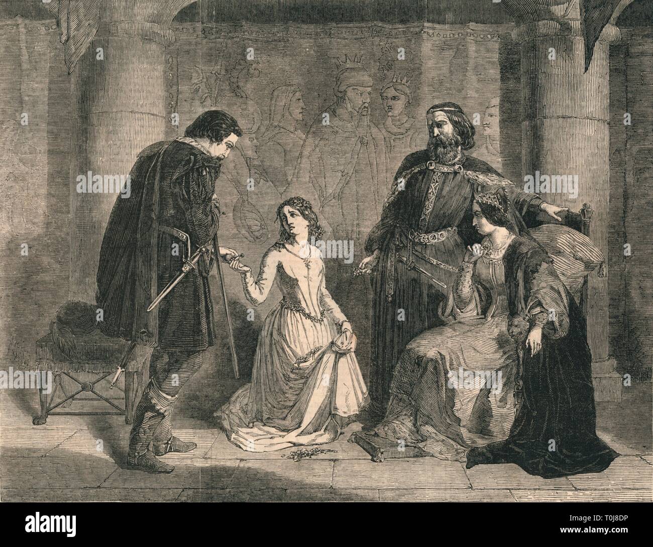 'Scene from 'Hamlet' - King, Ophelia, and Laertes', 1852. Creator: Unknown. Stock Photo