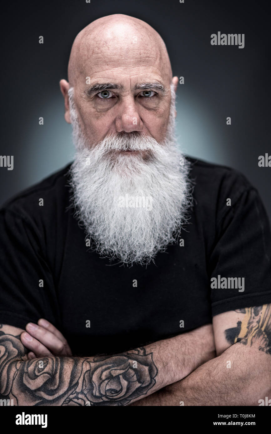 studio portrait of a bald man with tattooed arms and white beard Stock Photo - Alamy studio portrait of a bald man with tattooed arms and white beard Stock Photo - Alamy