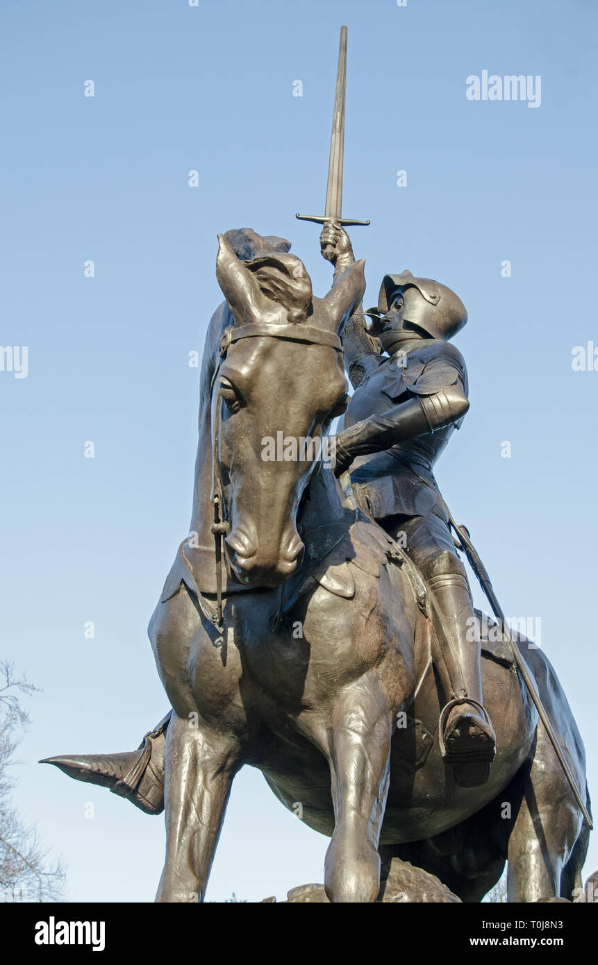 Statue of St George on horseback, part of the Cavalry Monument in Hyde Park, London. Sculpted by Adrian Jones, made from melted enemy guns and on publ Stock Photo