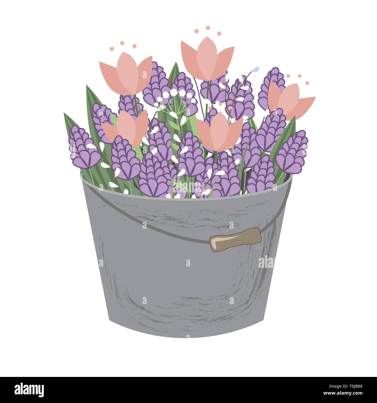 Bouquet of spring doodle hyacinths and tulip flowers in grey bucket isolated on white background. Vector illustration. Spring floral composition. Stock Vector