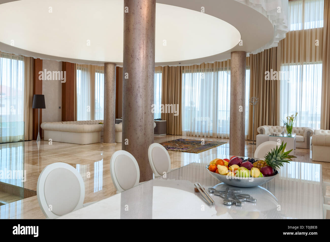 Luxurious Marble Interior In Large Spacious Living Room In