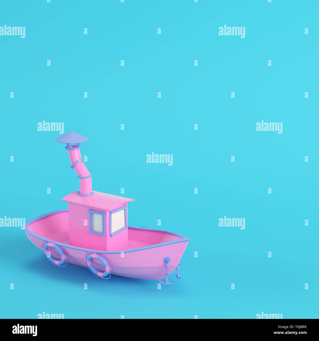 Pink fishing boat on bright blue background in pastel colors