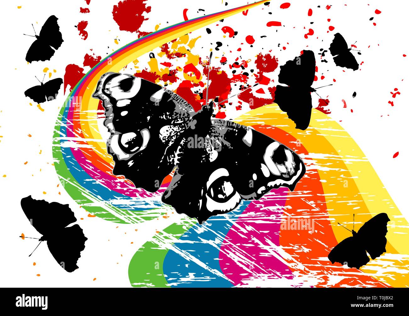 Black and white grunge butterflies on a rainbow Stock Vector Image ...