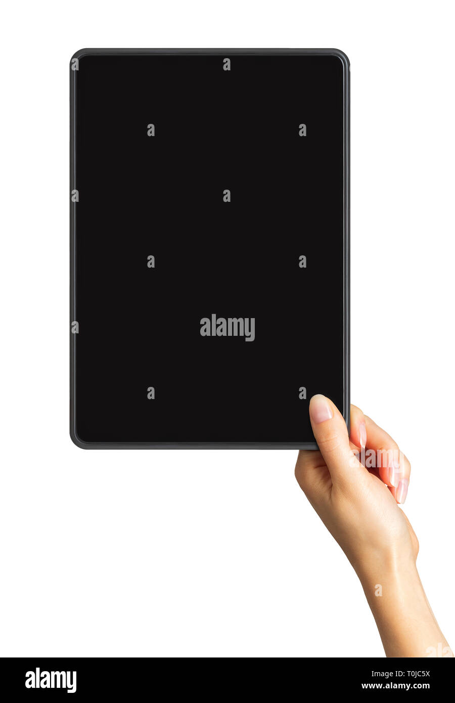 Women's hand showing black tablet, concept of taking photo or selfie ...