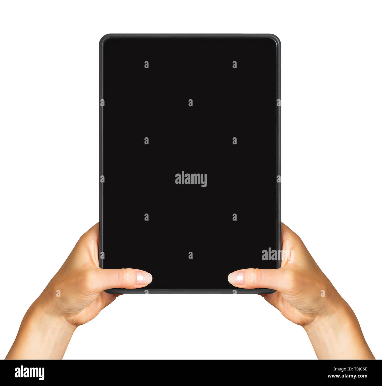 Women's hand showing black tablet, concept of taking photo or playing ...