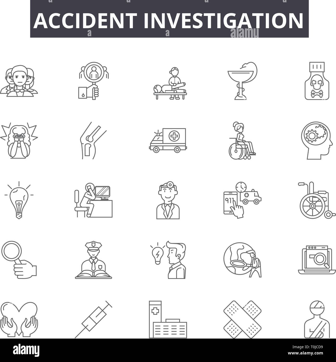 Accident investigation line icons. Editable stroke signs. Concept icons car crash,investigator