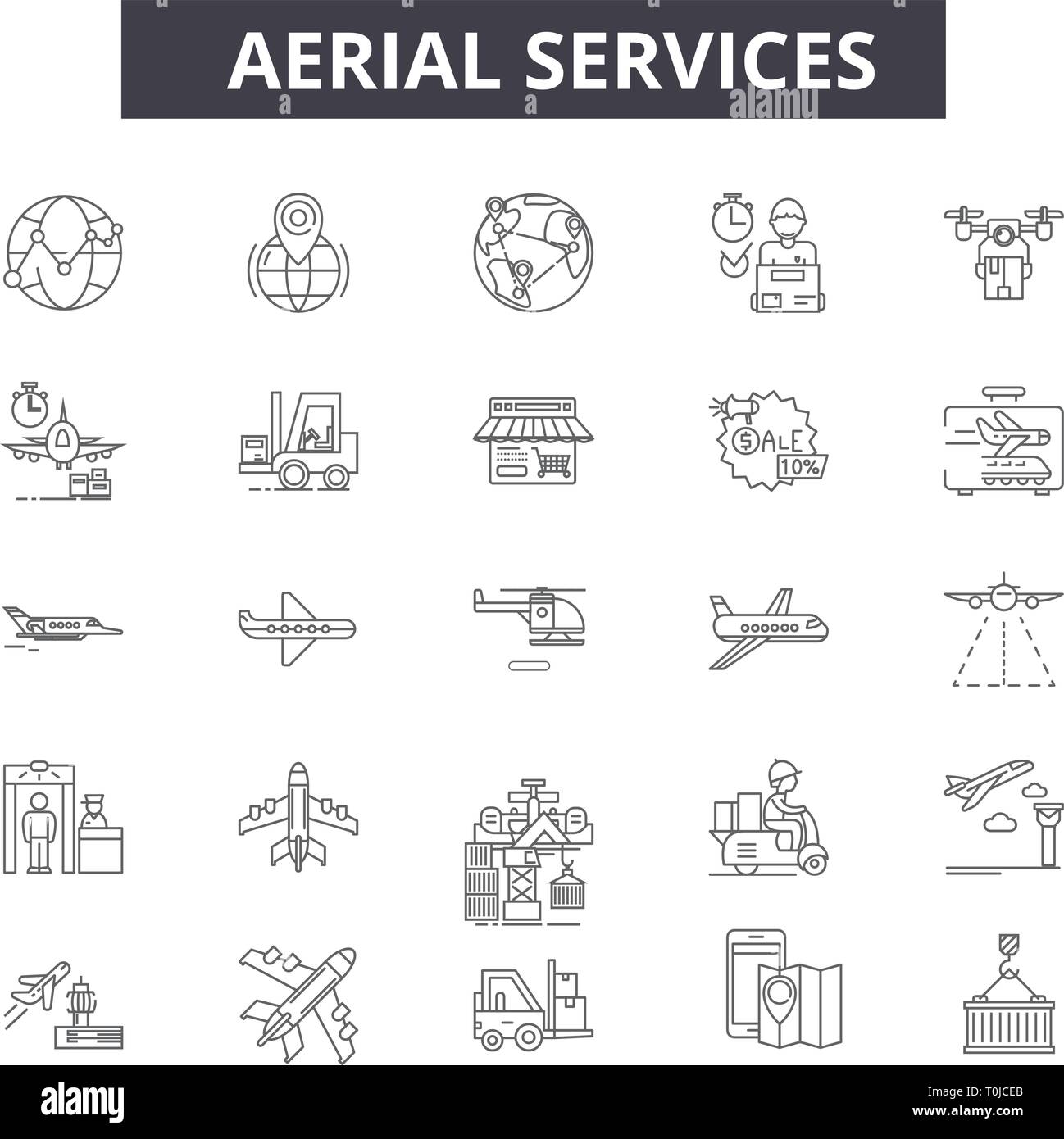 Aerial services line icons. Editable stroke signs. Concept icons: transportation, industrial trandport, airport, carrier etc. Aerial services outline Stock Vector