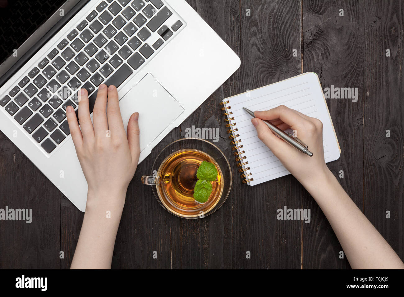 Woman hands drawing or writing with pen in open notebook Stock Photo