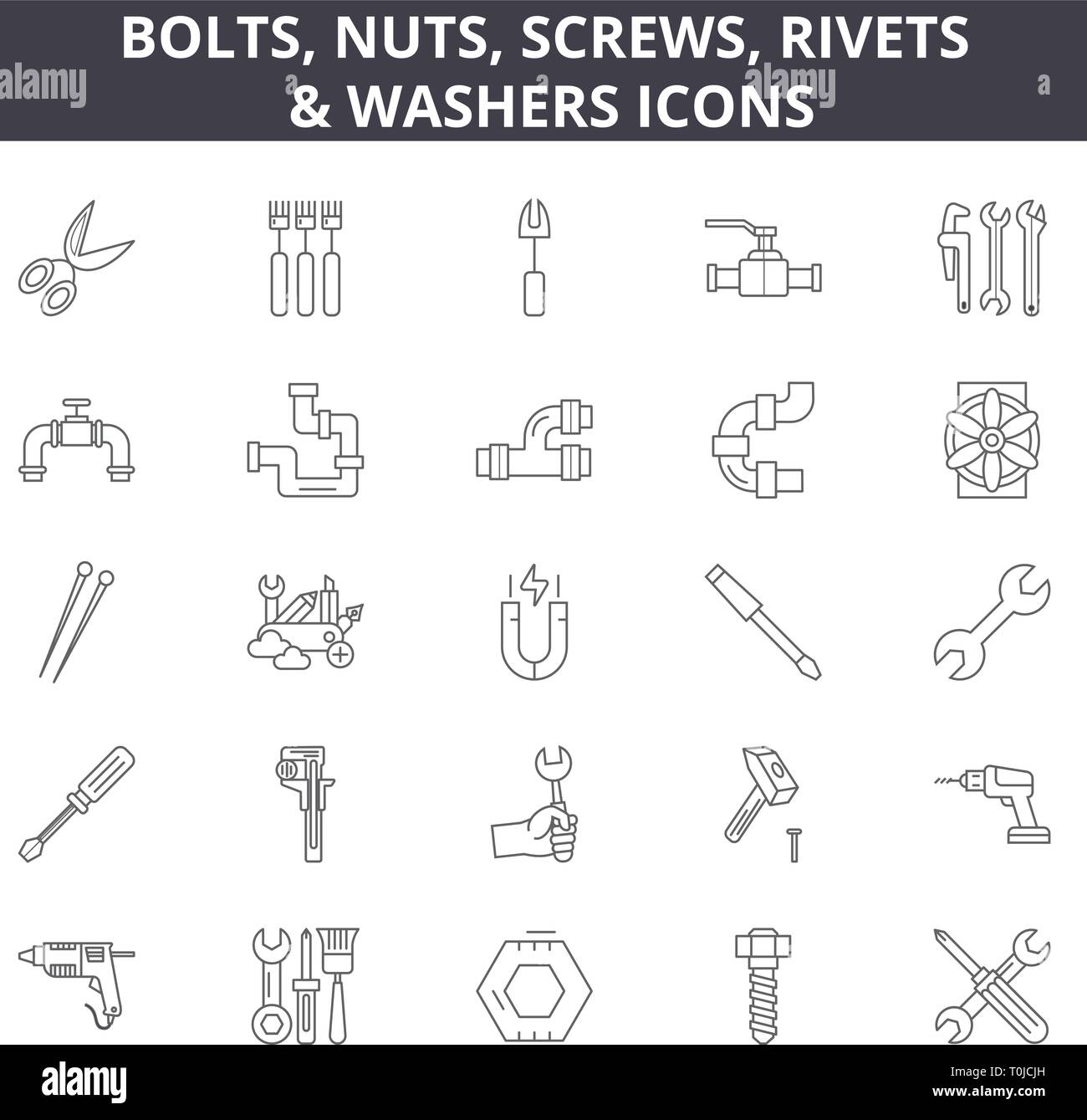 Bolts, nuts, screw, rivets & washers line icons for web and mobile