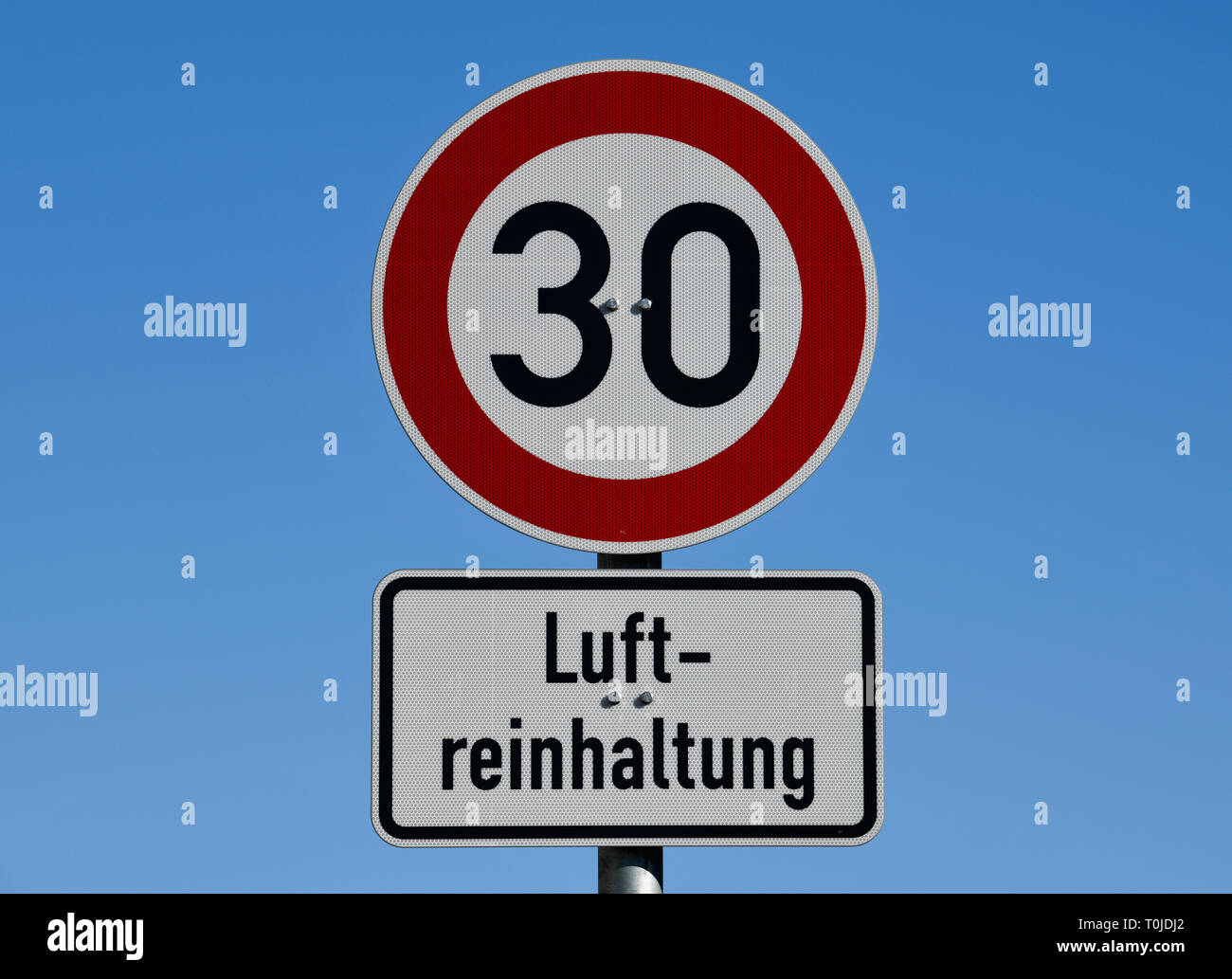 Street sign Aerial pure position tempo 30, Straßenschild Luftreinhaltung Tempo 30 Stock Photo